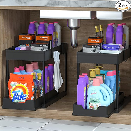 2 Pack Under Sink Organizer, 2 Tier Bathroom Cabinet Organizer with Sliding Basket, Multi-Purpose Under Sink Organizers and Storage for Bathroom Kitchen (Black 2 Pack)-NeatNest