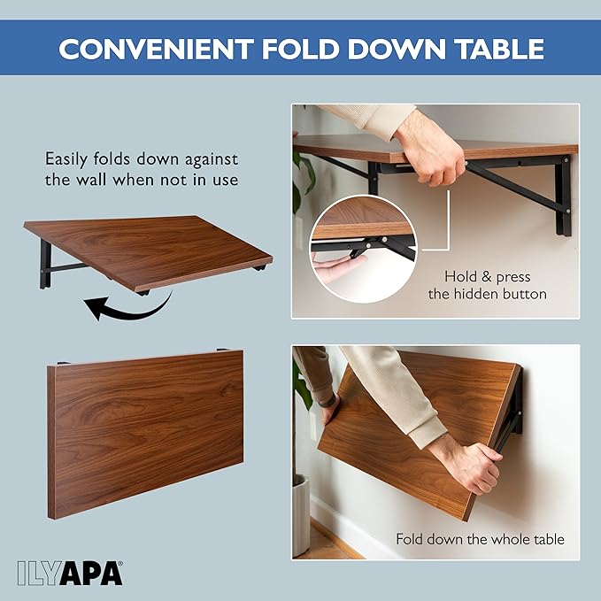 Iyapa Wall Mounted Folding Table - 16x40 Wood Floating Desk for Wall, Laundry Folding Table - 1.5 inch Fold Down Wall Desk for Small Spaces - Mahogany