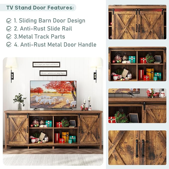 70" Farmhouse TV Stands for 70 75 80inch TV w/Adjustable Shelves,Sliding Barn Door.Wooden Entertainment Center,TV Console Cabinet with Storage for Bedroom Living Room(Brown 70in)-NeatNest