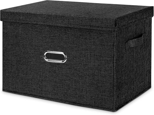 Large Linen Fabric Foldable Storage Bins with Removable Lid and Handles, Washable Storage Box Organizer Containers Baskets Cube with Cover for Bedroom,Office(Black, Medium)-NeatNest
