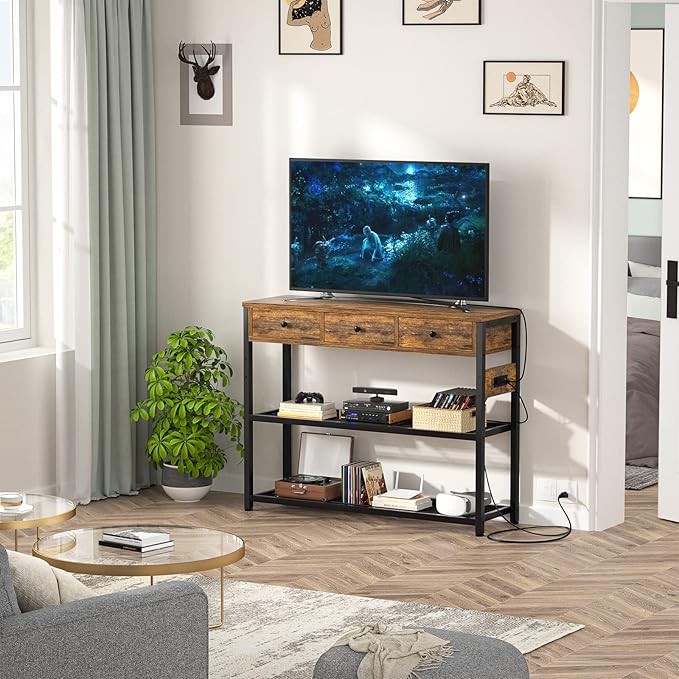 Ecoprsio 47'' Entryway Table with Outlets and USB Ports, Console Table with 3 Drawers, Sofa Table Narrow Long with Storage Shelves for Living Room, Couch, Hallway, Foyer, Kitchen Counter, Rustic Brown-NeatNest