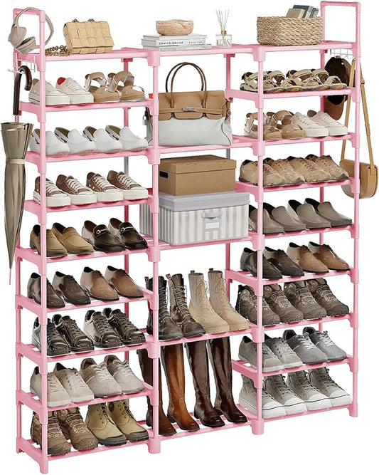 WOWLIVE 9 Tiers Large Shoe Rack Storage Organizer for Closet 50-55 Pairs Shoe Tower Unit Shelf Stackable Shoe Rack with Metal Pipes Plastic Connectors Pink-NeatNest
