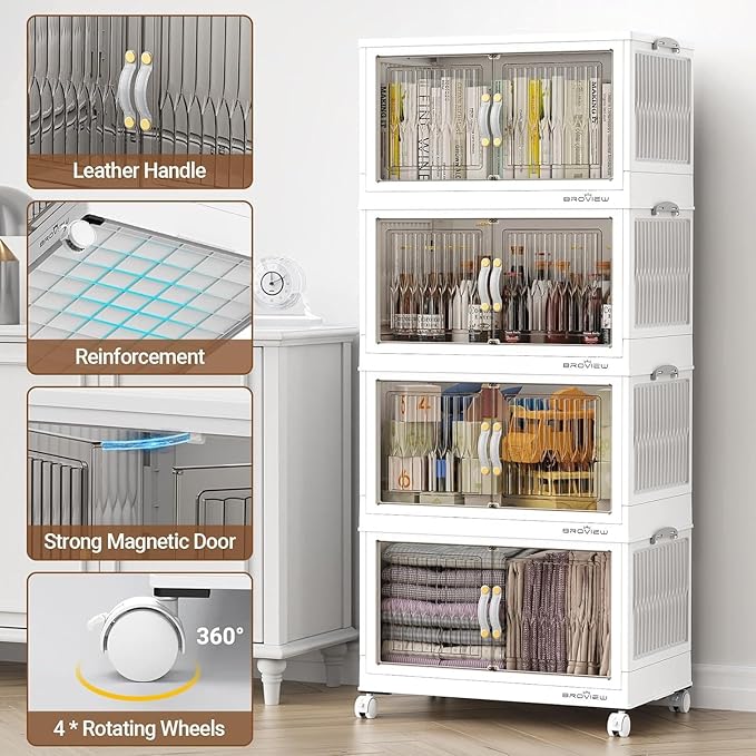 320Qt Stackable Storage Bins with Lid, Extra Large Closet Organizer Collapsible Drawer Boxes with Wheels, Folding Plastic Cabinet Containers for Home Kitchen Room Organization, 4Pack White