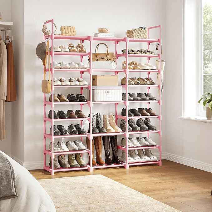 WOWLIVE 9 Tiers Large Shoe Rack Storage Organizer for Closet 50-55 Pairs Shoe Tower Unit Shelf Stackable Shoe Rack with Metal Pipes Plastic Connectors Pink-NeatNest
