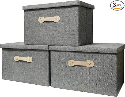 Enzk&Unity Decorative Storage Boxes with Lids, 3 Pack Grey Fabric Storage Bins with Handle, Foldbale and Stackable Storage Boxes for Shelf, Closet, Bedroom, Living Room-NeatNest