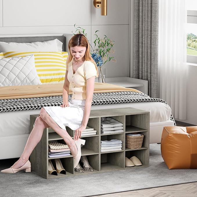 Garden 4 you Shoe Storage Bench, Cubby Shoe Rack with 12 Cubbies, 3-Tier Wood Shoe Rack Organizer, Shoe Organizer Cabinet for Entryway, Hallway, Closet and Garage, Grey-NeatNest