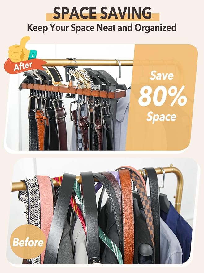 Belt Hanger for Closet, Innovative Design to Prevent Tipping/Alder Wood/ 12 Slots + 10 Hooks, Belt Rack, Versatile Belt Organizer (Brown)-NeatNest