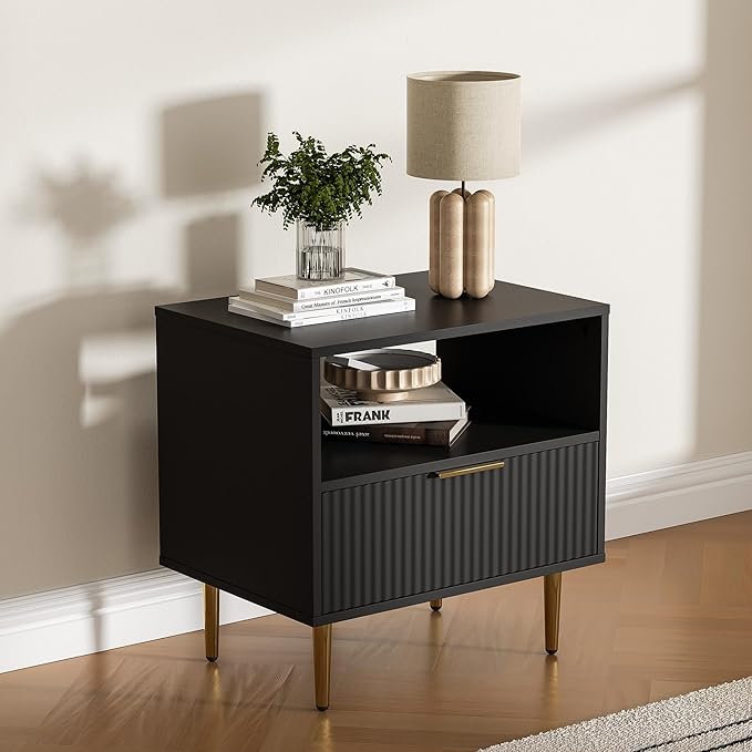 Black Nightstand Set of 2, Modern Nightstand with Drawer, End Table with Storage, Bed Side Table with Open Space for Bedroom, Side Table for Bedroom, Living Room, Black-NeatNest