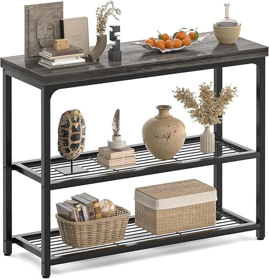 32" Small Console Table, 3-Tier Entryway Table, Sofa Table with Mesh Shelves, Console Tables for Living Room, Bedroom, Hallway, Entryway, Foyer, Grey-NeatNest