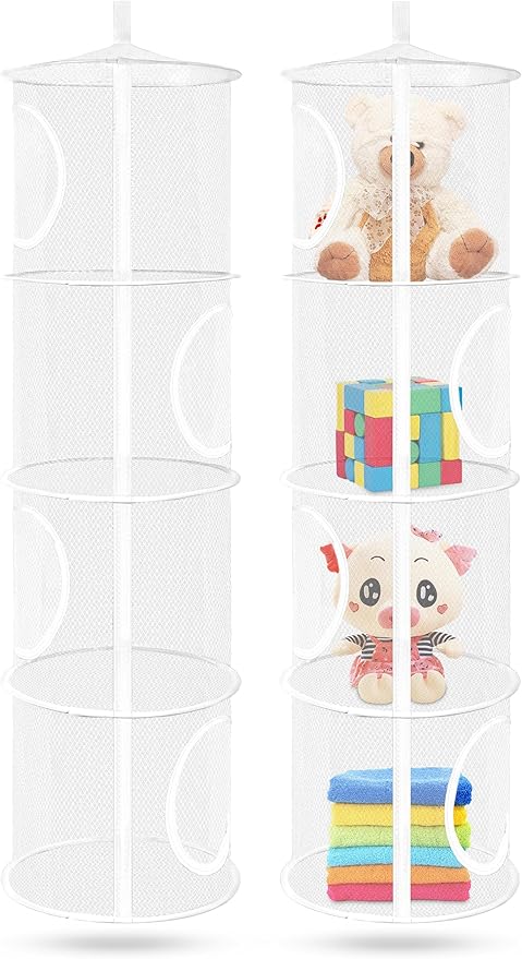 coastal rose 2Pcs Stuffed Animal Storage Foldable Stuffed Animal Net or Hammock Organizer, 4 Compartments Hanging Mesh Toy Storage Hammock for Kid Room Toys, Gloves, Hats, Socks(White)-NeatNest