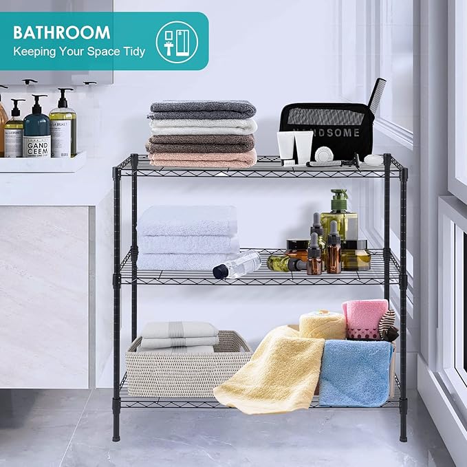 3-Tier Wire Shelving Unit, Adjustable Metal Wire Shelves with NSF Certified, Standing Storage Shelf Unit for Laundry, Bathroom, Kitchen, Pantry, Closet (13.7" D x 35.5" W x 31.5" H, Black)
