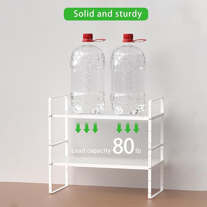 Expandable Cabinet Storage Shelf Stackable Organizer Rack for Kitchen Bathroom Pantry Spice Cupboard Coffee Countertop Home Office Desk Heavy Duty Nonslip White Large 2 Packs-NeatNest