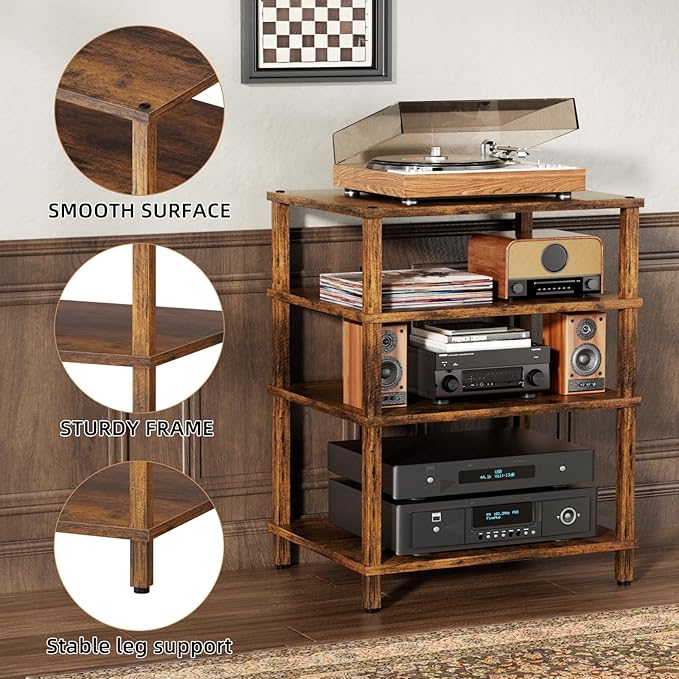 4-Tier AV Media Player Stand, Brown Stereo Cabinet, Modern Stereo Cabinet, Wooden TV Stand,Game Console Shelf, Multifunctional Entertainment Center, Suitable for Home, Conference Room, Game Studio-NeatNest
