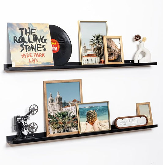 Fun Memories Picture Ledge Shelf, 48 Inch Floating Shelves Set of 2, Large Nursery Book Shelves for Toys Storage, Kids Bookshelf Wall Mounted for Wall Decor Books Photo Frames, Black-NeatNest
