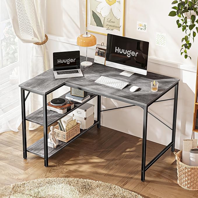 Huuger L Shaped Desk, 39 Inches Computer Desk with Reversible Storage Shelves, for Gaming Corner Home Office Writing Study, Metal Frame, Gray-NeatNest