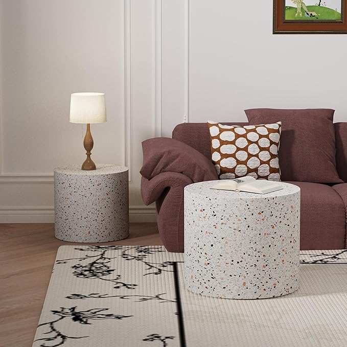 Round Coffee Table Set of 2 Modern Nesting Coffee Tables Wooden Drum Coffee Tables with Non-Slip Feet, Circle Nesting Tables End Table for Living Room Office, No Assembly (Terrazzo 18.11"+14.57")