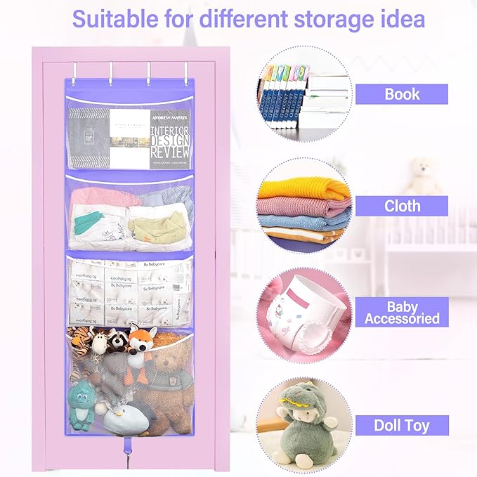 Hanging Stuffed Animal Storage, Over Door Large Plush Toy Organizer with Metal Hook, Baby Accessory Holder Idea for Nursery, Doll & Bear Mesh Hammock Bag for Girl Boy Kid Room-NeatNest