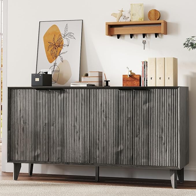 Fluted Cabinet with Storage, Buffet Sideborad with 4 Doors Kitchen Buffet Storage Accent Cabinet with Adjustable Shelves for Living Room, Entry, Hallway, Black&Grey