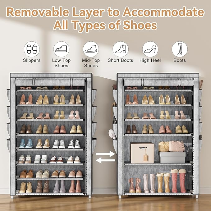 Shoe Rack with Cover, 8 Tier Tall Shoe Organizer Storage for 36-45 Pair Shoes and Boots Large Shoe Storage Shelf Free Standing Shoe Rack for Closet, Front Door Entrance, Dorm, Garage, Printing-NeatNest