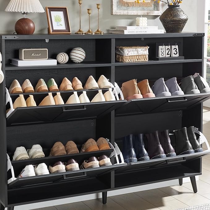 Shoe Storage Cabinet, Farmhouse Shoe Organizer with 4 Flip Drawers & Barn Door,Freestanding Hidden Slim Narrow Shoe Rack with Open Shelves for Entryway, Foyer, Hallway, Black-NeatNest