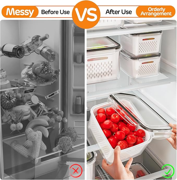 8-Pack Fruit Storage Containers for Fridge, Leakproof Fruit Containers for Fridge with Colanders, BPA-Free Produce Storage Containers with Lids Keep Fruits, Vegetables, Berry, Meat Fresh longer