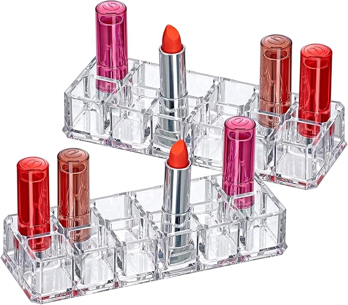 Amazing Abby - Charm - 2-Pack 12-Slot Acrylic Lipstick Organizer, Lipstick Holder, Lip Gloss Holder, Cosmetic Storage Display, Perfect Storage Solution for Drawer and Vanity (Slot Size: 0.9" x 0.9")-NeatNest