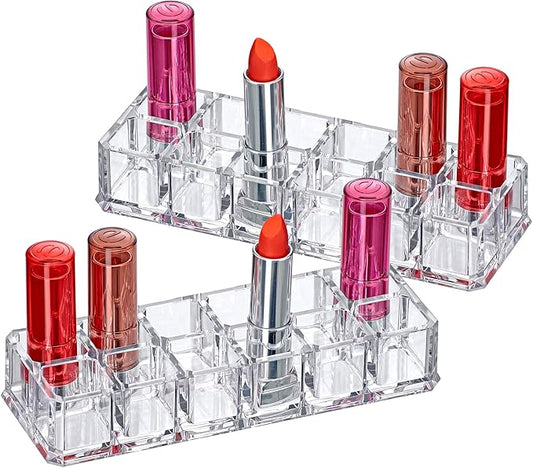Amazing Abby - Charm - 2-Pack 12-Slot Acrylic Lipstick Organizer, Lipstick Holder, Lip Gloss Holder, Cosmetic Storage Display, Perfect Storage Solution for Drawer and Vanity (Slot Size: 0.9" x 0.9")-NeatNest