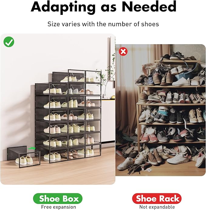 Shoe Storage Box, 15 Pack Clear Plastic Stackable Shoe Organizer for Closet, Interlocking Design Shoe Container Bins for Sneakers, Foldable Shoe Rack with Lids, Black-NeatNest