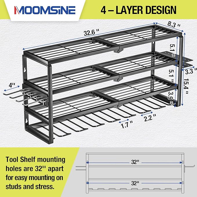 4 Layer Power Tool Organizer Wall Mount, Battery Tools Holder with Charging Station Shelf, Cordless Drill Hanger Storage Rack for Garage Organization, Workshop, Pegboard - 32 Inch 8 Slots