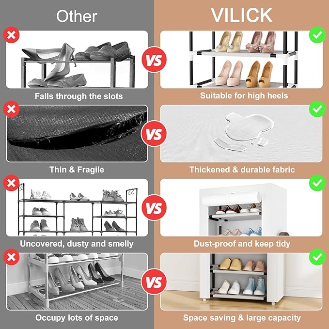 Shoe Rack with Cover Narrow Shoe Rack Organizer with 4 Side Pockets 10 Tier Tall Shoe Storage Shoe Shelf Holds 18-22 Pairs Shoes and Boots Shoe Rack for Closet, White-NeatNest
