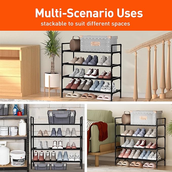 Shoe Rack 4 Tier Shoe Organizer Shoe Storage Shoe Rack for Narrow Hallway Entryway Bedroom Easy Assembly (Black)-NeatNest