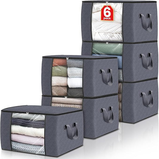 Fab totes 6 Pack Clothes Storage, Foldable Thick Fabric Blanket Storage Bags, Containers for Organizing Bedroom, Closet, Clothing, Comforter,Closet Organization with Handle,Grey-NeatNest