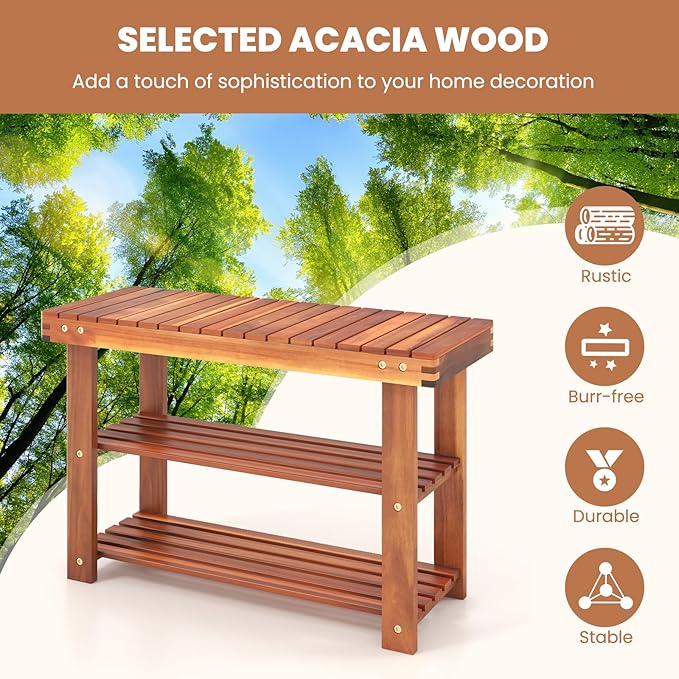 Tangkula Acacia Wood Shoe Rack Bench, 3 Tier Sturdy Storage Organizer, Holds up to 180lbs for Entryway Bedroom Living Room Balcony, Teak Color (27.5-inch)-NeatNest