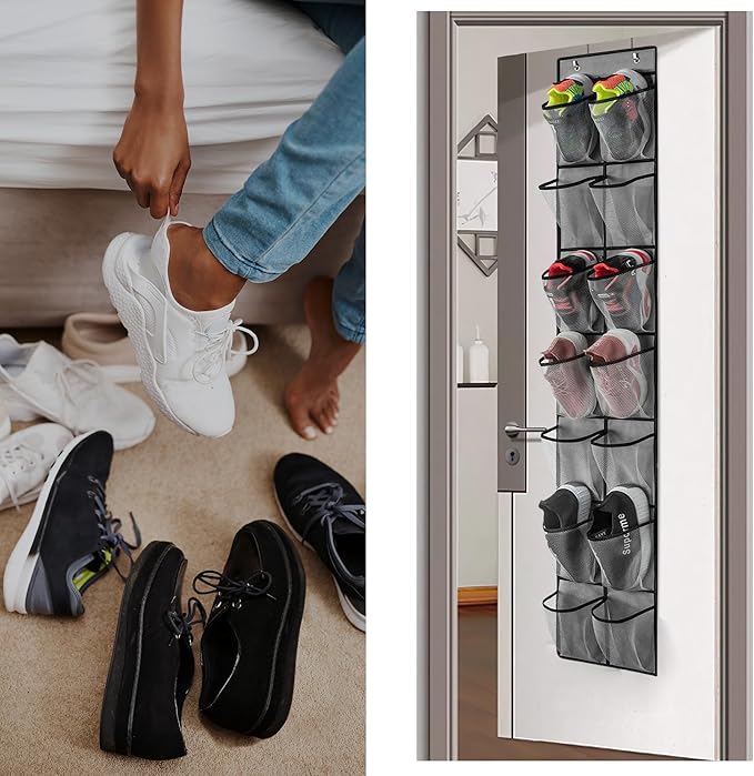 Over The Door Shoe Organizer, 14 Large Mesh Pockets Hanging Shoe Rack for Closet Organizers and Storage, Gray, 2-pack (gray)-NeatNest