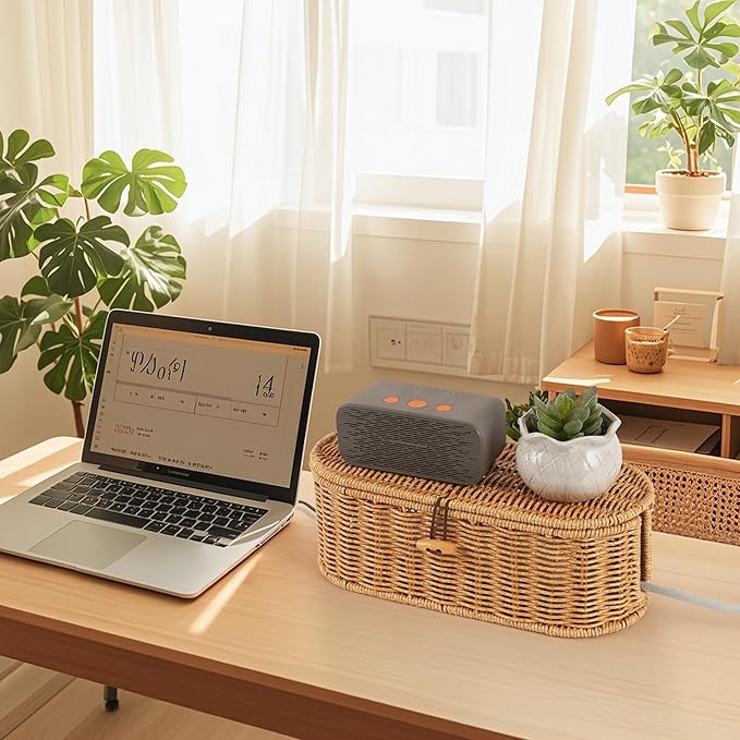 Cable Management Box, Handwoven Faux Rattan Cord Organizer Box with Lid, 2 Open Slots Cable Organizer Box, Decorative Cord Hider Box for Tv Computer USB Hub & Power Strip Holder
