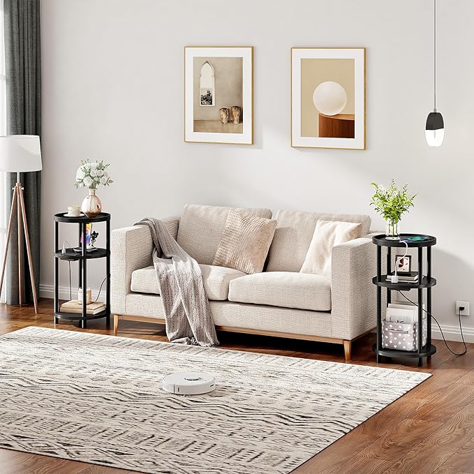 HOOBRO Small Round Side Table with Charging Station, 3-Tier Round Bamboo End Table, Compact Sofa Bedside Table for Small Space, Easy Assembly, for Living Room, Bedroom, Apartment, Black BB152UBZ01