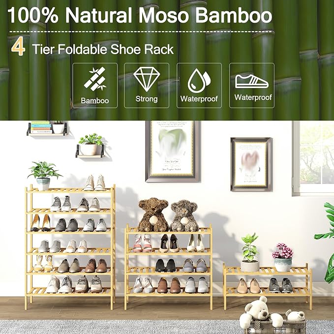 4-Tier Bamboo Shoe Rack for Entryway, Stackable | Heavy Duty | Multi-Function, Free Standing Shoe Racks for Bedroom Hallway Closet-NeatNest