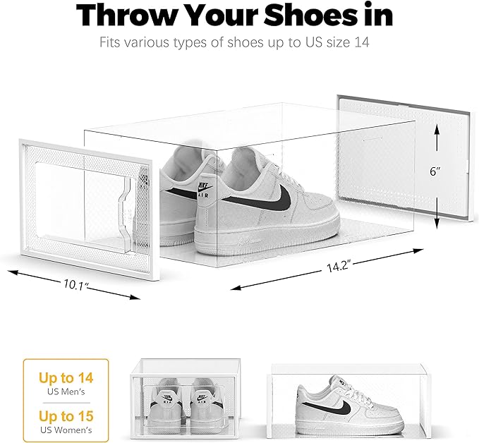 SEE SRPING XX-Large Shoe Storage Box Fit Size 14, Clear Plastic Stackable Shoe Organizer for Closet, Shoe Rack Sneaker Containers Bins Holders, Drawer Organize Unit, 12 Pack Clear-NeatNest