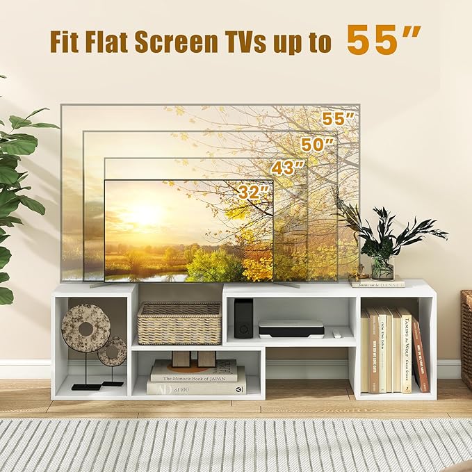 GOFLAME 2 Pieces TV Stand, Modern Entertainment Center for TVs up to 55 Inches, Free Combination Bookcase for Storage & Display, TV Console Table for Living Room, Bedroom, White-NeatNest