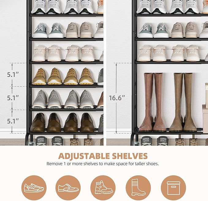 STORAGE MANIAC Expandable Shoe Rack, 44 Pairs Stackable Small Shoe Rack, Metal Adjustable Shoes Organizer for Closet, Entryway, Hallway, Garage, Front Door, Shoes Shelves, Black 10 Tier-NeatNest