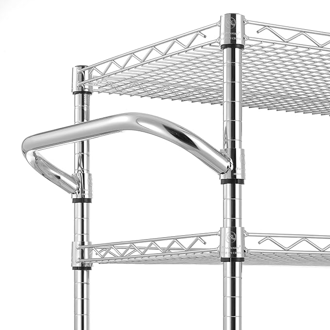 Finnhomy 4 Tier Heavy Duty Commercial Grade Rolling Cart with Handle Bar, Metal Wire Utility Cart with Wheels, Service Trolley on Wheels, Shelf Size 18" D x 30" W, NSF Listed, Chrome