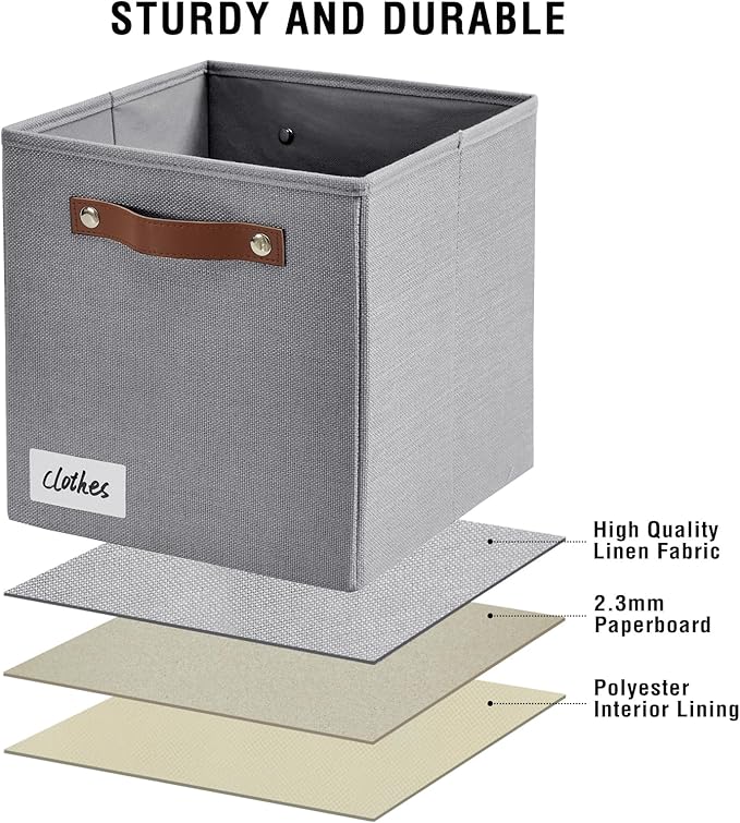 Collapsible Fabric Storage Cube Bins with 2 Reinforced PU Handles, Foldable Storage Organizer Baskets for Closet, Shelves, Living Room | 11"x11"x11", 4 Pack, Full Gray-NeatNest