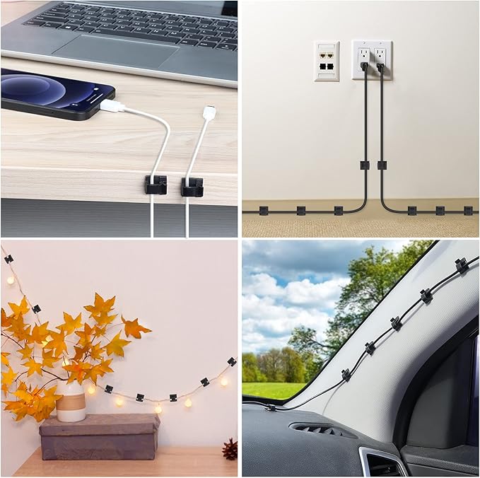 100 PCS Adhesive Cable Clips Black (Small & Large), Upgraded Wire Holder for Wall Cord Organizer Cable Management Under Desk, Outdoor Light Clips Hooks for LED, Car Dash Cam, HDMI, Extension Cord-NeatNest
