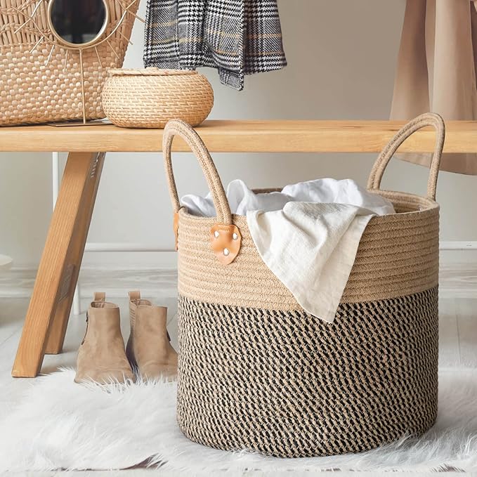 CHICVITA Wicker Laundry Basket With Handles, Storage Baskets for Decor, Rope Basket for Blankets, Toys, Clothes, Shoes, Plant Basket for Living Room, 14" X 14" X 12"-NeatNest