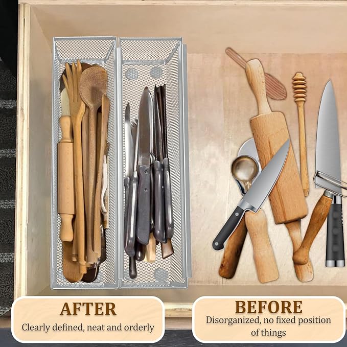 4PCS Drawer Organizer, Mesh Drawer Organizer with Interlocking Arm for Utensil, Cosmetic, Flatware, Pen (12 * 3 * 2 Inches, Grey)-NeatNest