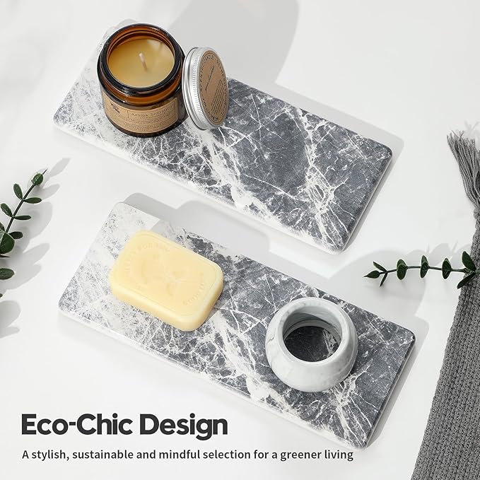 2PCS Bathroom Sink Vanity Trays, Water Absorbing Diatomite Stone Quick Drying Mat for Kitchen Counter, Dish Rack Dispenser Sponge Holder Caddy Organizer, Marble Crack, 9"x3.5"-NeatNest