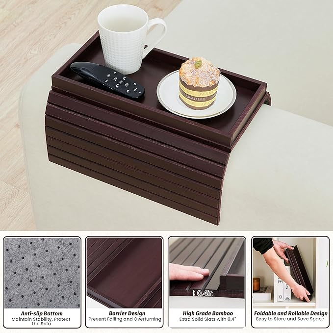 GEHE Bamboo Sofa Arm Tray, Foldable Couch Arm Tray Side Table, Anti-Falling Armrest Tables Cup Holder for Snacks, Drinks, Beers, Phone, Control, Flexible and Portable, Anti-Slip Bottom-NeatNest