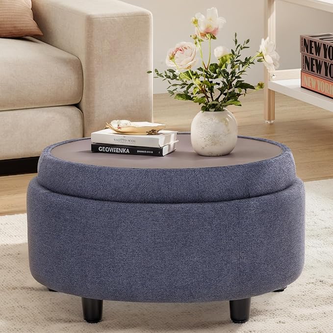 COLAMY Fabric Round Storage Ottoman with Reversible Tray Lid – Multi-Functional Footrest, Hidden Storage, Sturdy & Stylish Small Coffee Table for Living Room, Bedroom, or Entryway(Blue)-NeatNest