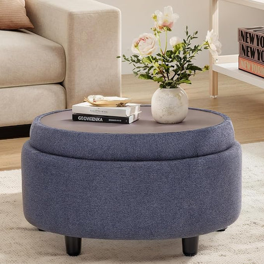 COLAMY Fabric Round Storage Ottoman with Reversible Tray Lid – Multi-Functional Footrest, Hidden Storage, Sturdy & Stylish Small Coffee Table for Living Room, Bedroom, or Entryway(Blue)-NeatNest