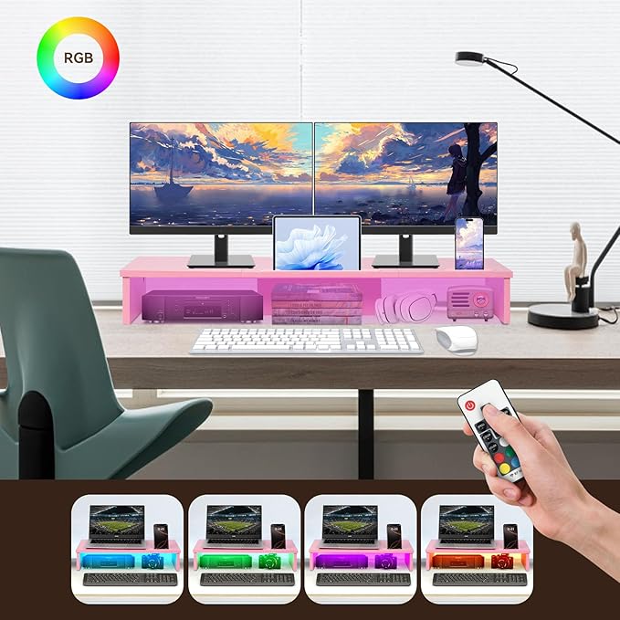 Dual Monitor Stand Riser with LED Lights and Phone Tablet Holder, 35.8in Large Monitor Stand for Desk, Computer Monitor Stand for 2 Monitors, Desktop Shelf Organizer for Laptop, Printer, TV